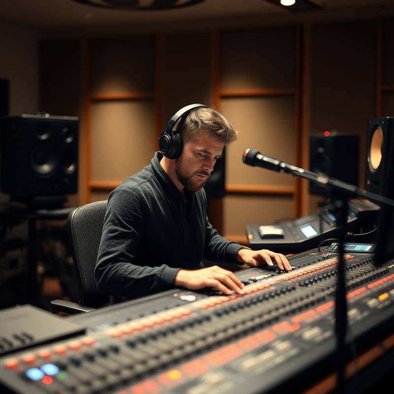 A professional music producer working in their studio, surrounded by equipment and focusing on their work