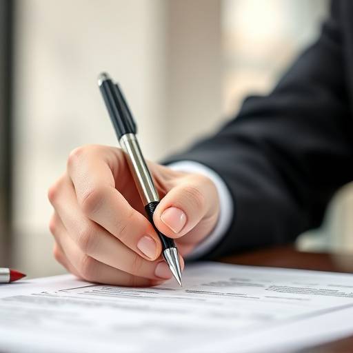 Icon depicting a legal document with a pen signing it.